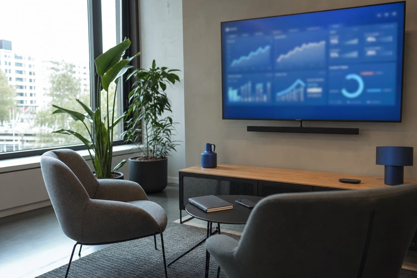 Écran de tableaux de bord analytics en salle de réunion